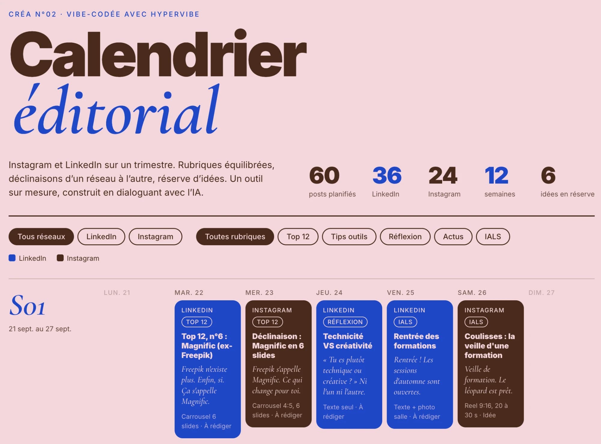 Calendrier éditorial Instagram et LinkedIn en marron, rose clair et bleu cobalt