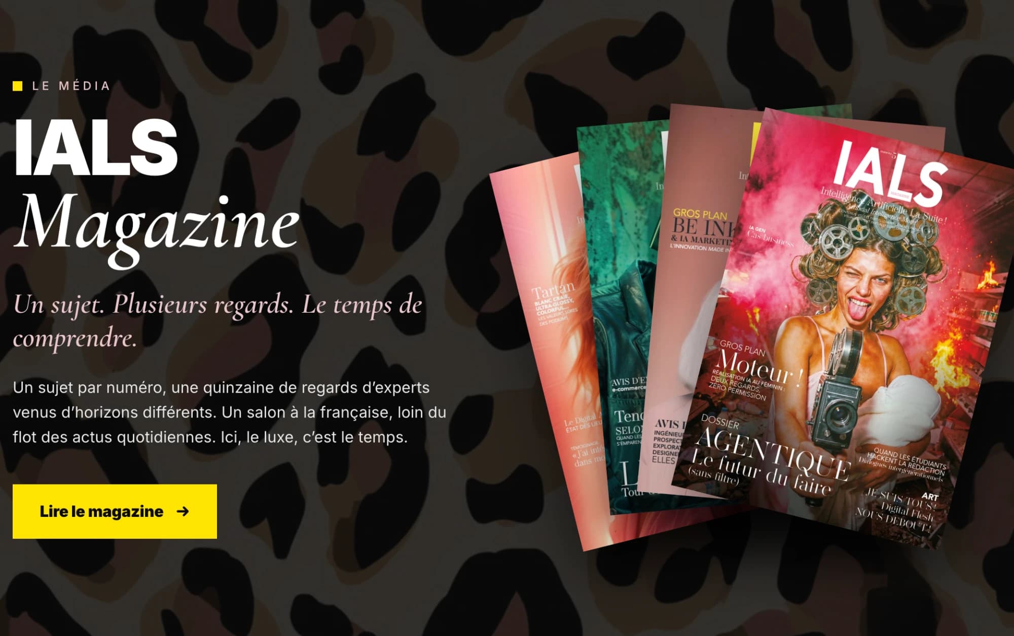 Page IALS Magazine avec des couvertures en éventail sur fond léopard